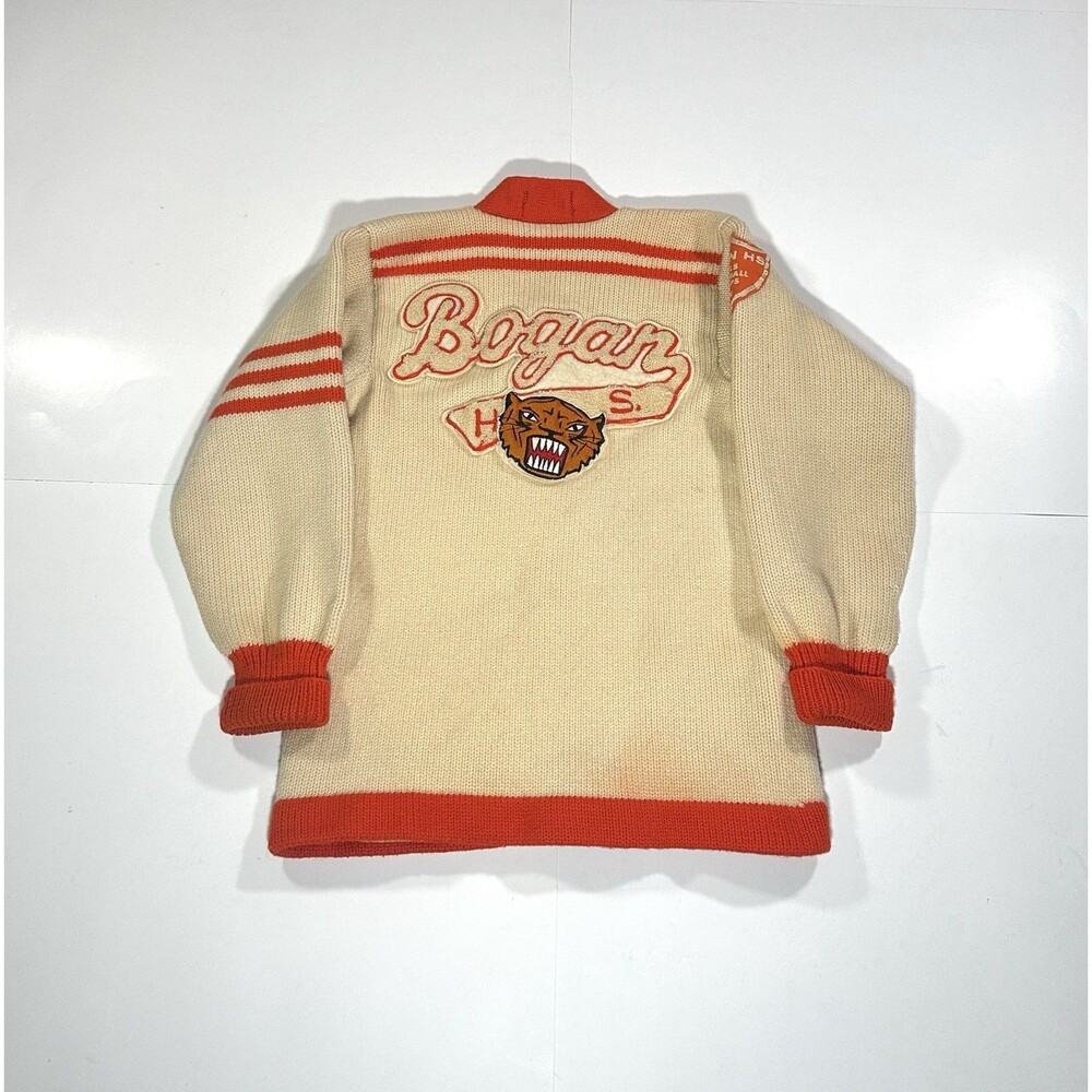 Vintage 1950s Chicago Letterman Cardigan Sweater Women Cream Orange Wool Patches - Picture 10 of 14